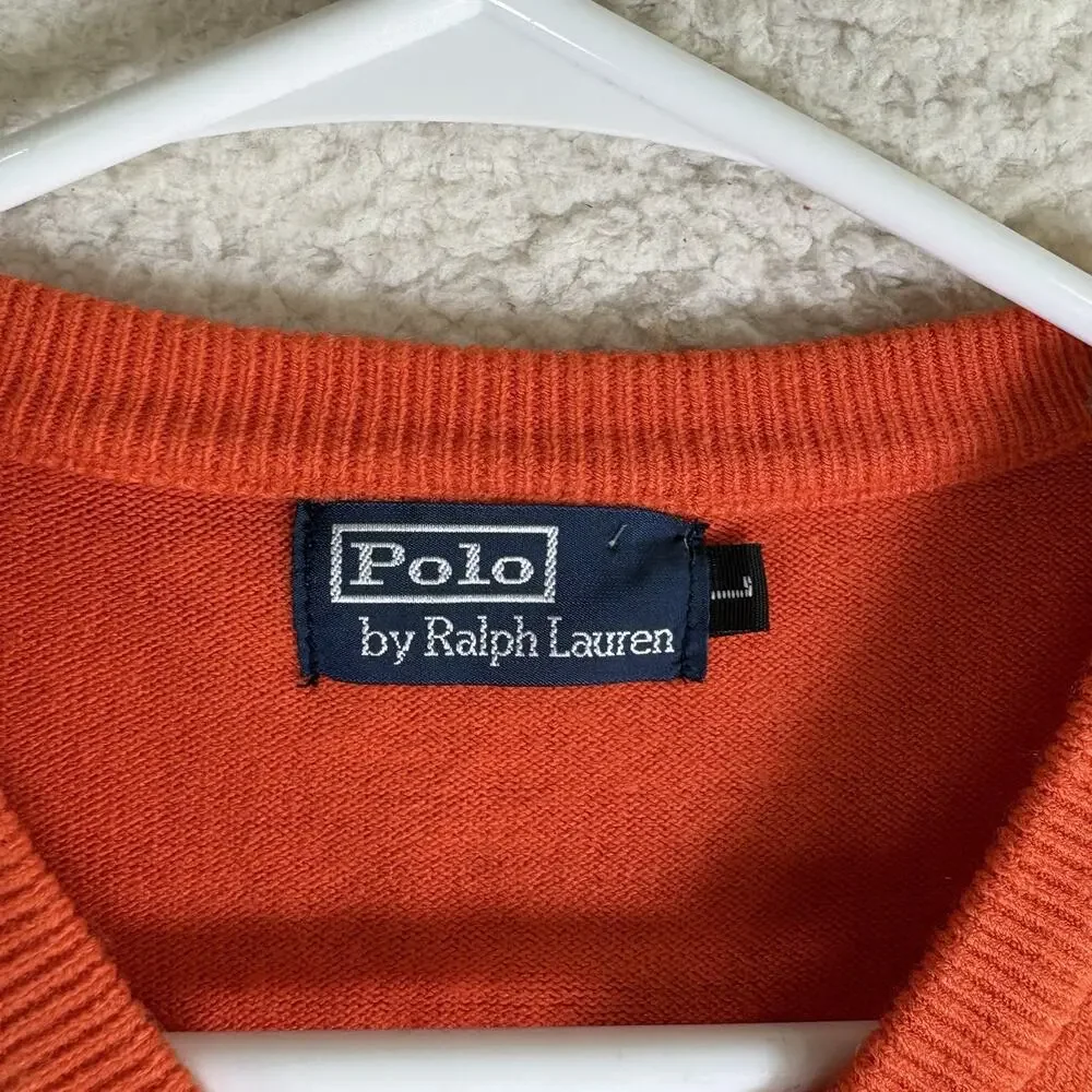Vintage Polo Ralph Lauren Pullover Sweater Mens Large Orange V Neck Wool